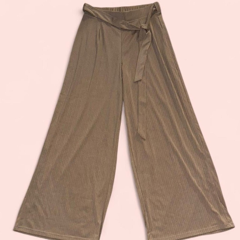 Mia Rose Beige Wide Leg Pants With Tie